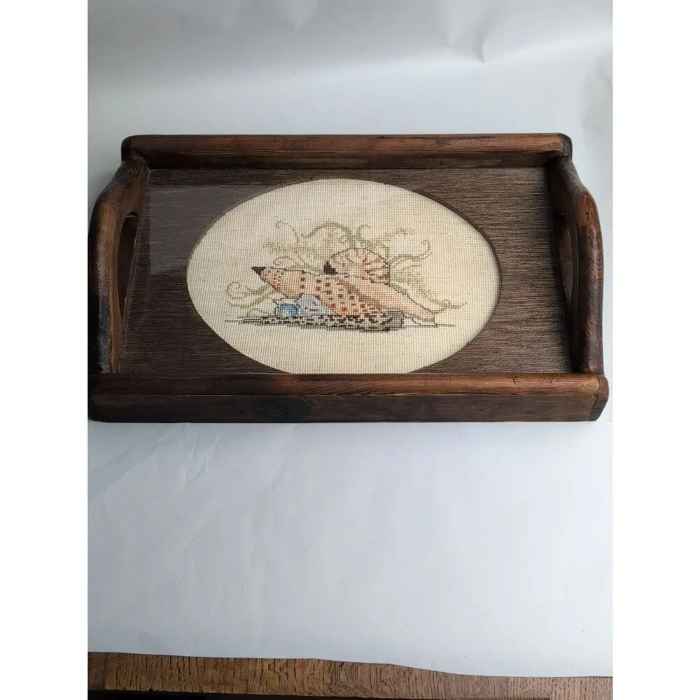 Coastal Seashell Cross-stitch Wood Serving Tray Vintage Cottage